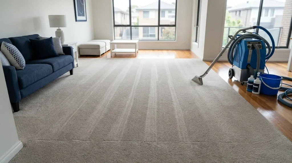 Lightweight furniture moved to expose carpet for vacuuming before professional cleaning