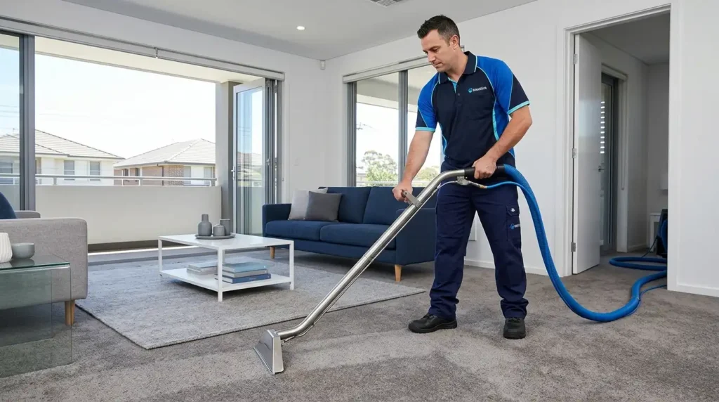 Professional carpet cleaning in a Sydney home with a male technician cleaning a high-use carpet