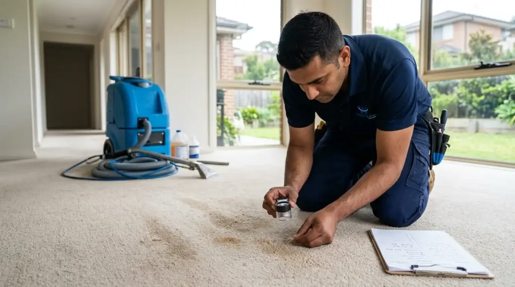 Professional carpet cleaner inspecting carpet fibres, stains and traffic areas before recommending a cleaning method