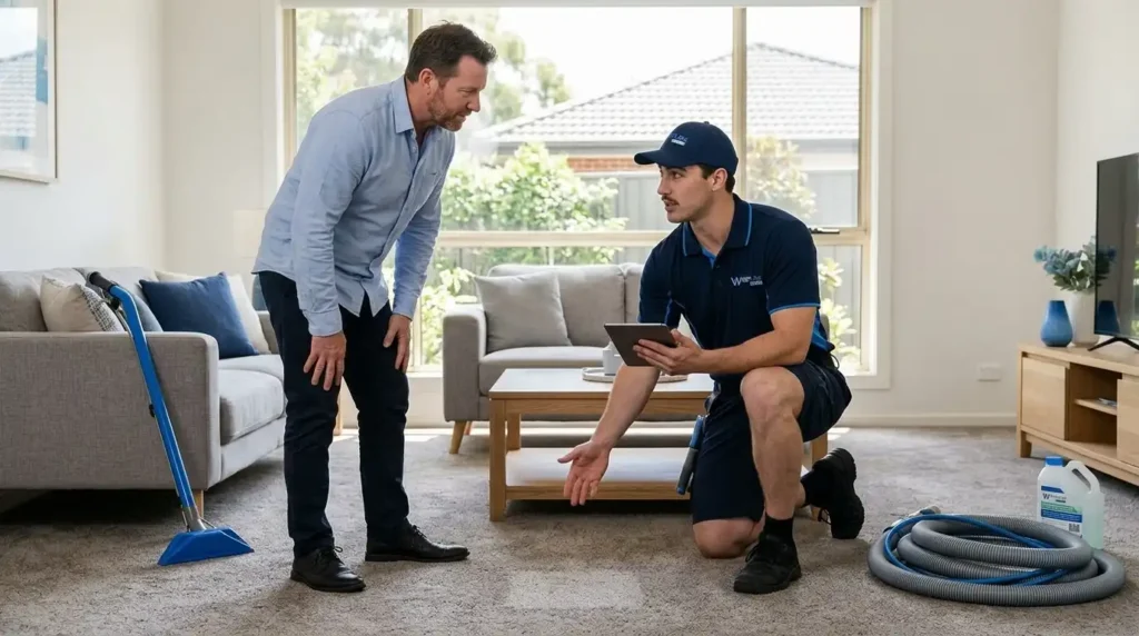 Homeowner discussing carpet condition and cleaning options with a professional carpet cleaner in a Sydney home