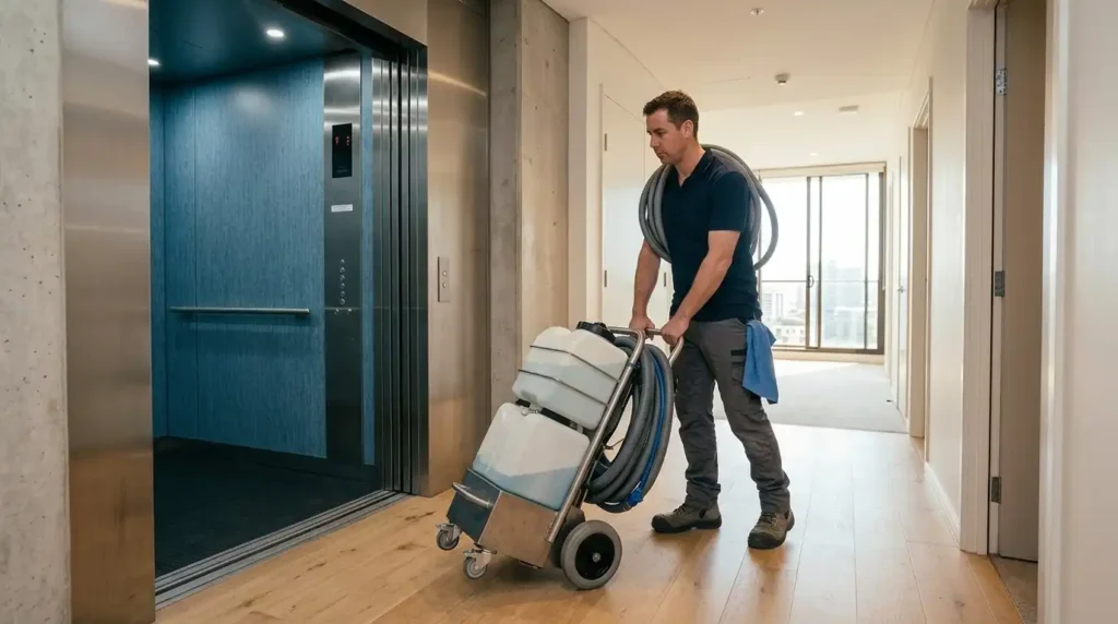 Carpet cleaning technician moving portable equipment through a Sydney apartment building with lift access