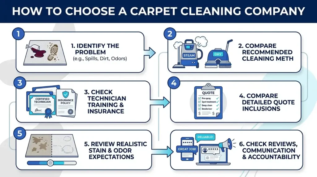 How to choose a carpet cleaning company by comparing methods, training, insurance, quotes, reviews and realistic cleaning expectations