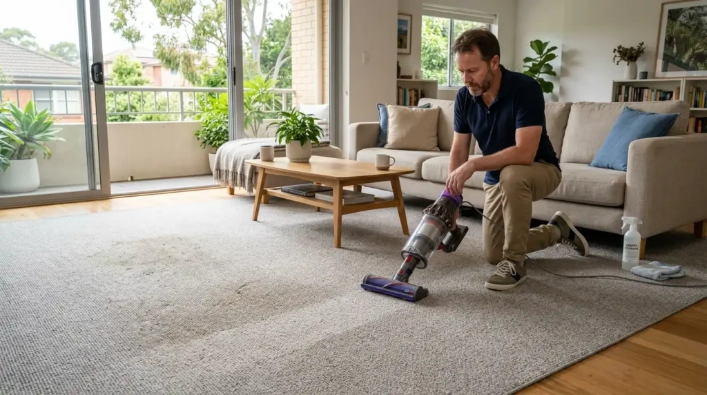 Modern Sydney home showing DIY carpet cleaning preparation with a vacuum cleaner and fresh carpet care