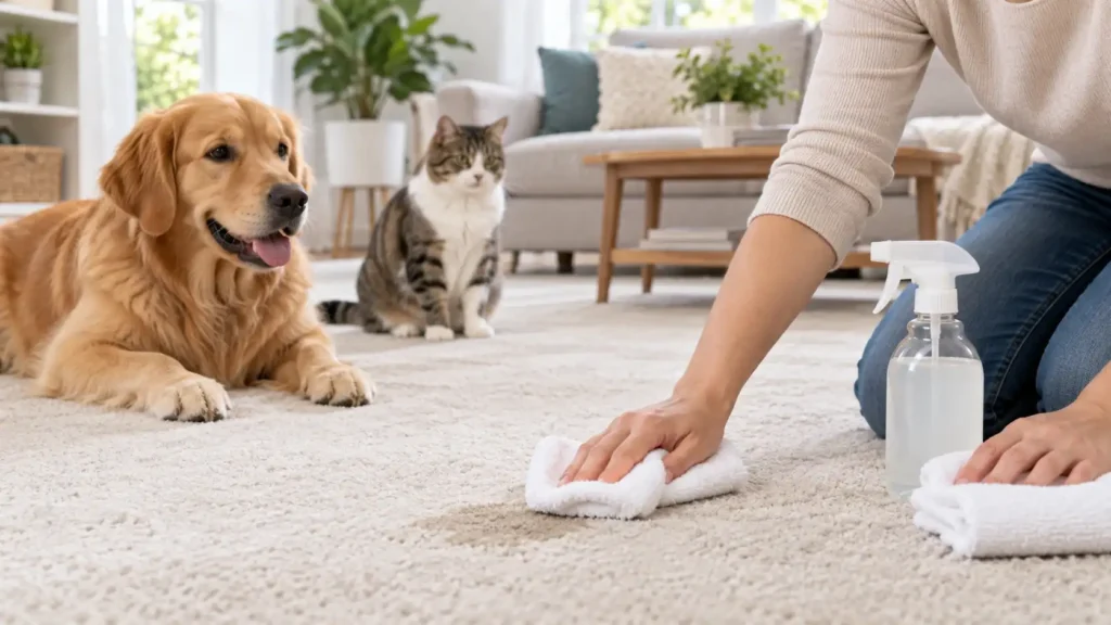 Dog and cat beside a carpet being cleaned after a pet urine accident