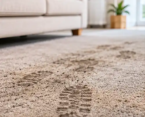 Heavily soiled carpet with visible dirt and foot traffic marks