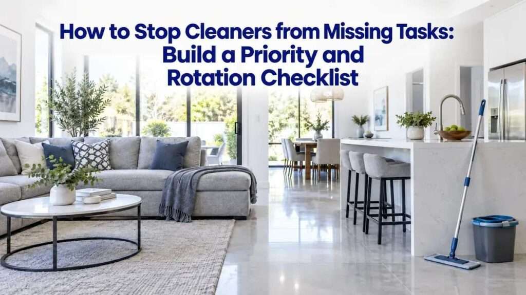Clean living room and kitchen with a mop and bucket.