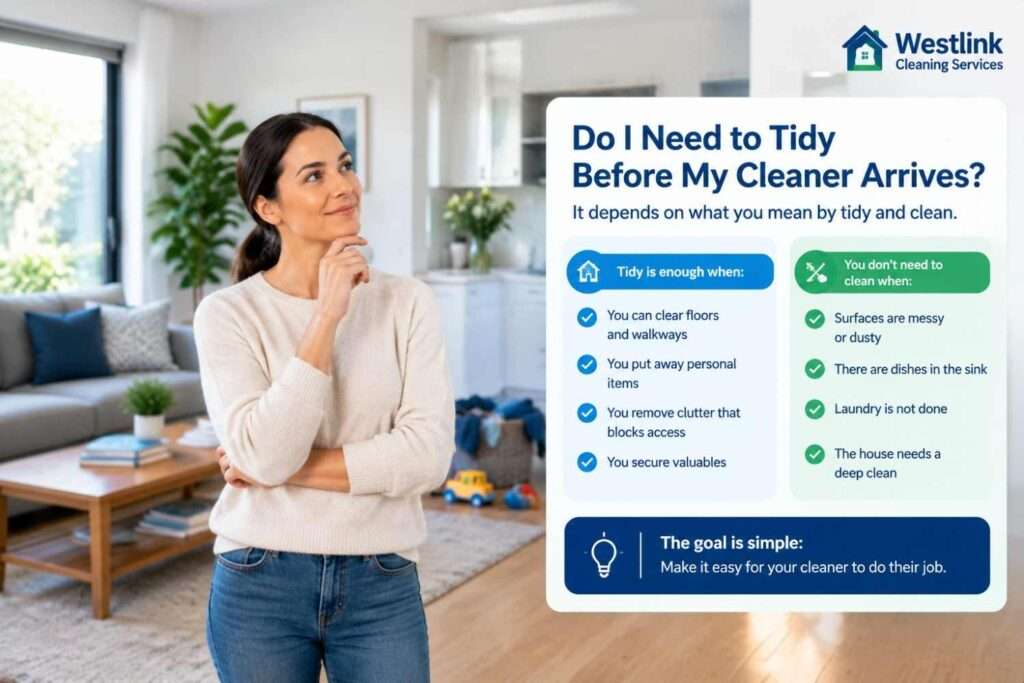 Homeowner preparing a tidy living room before a house cleaner arrives