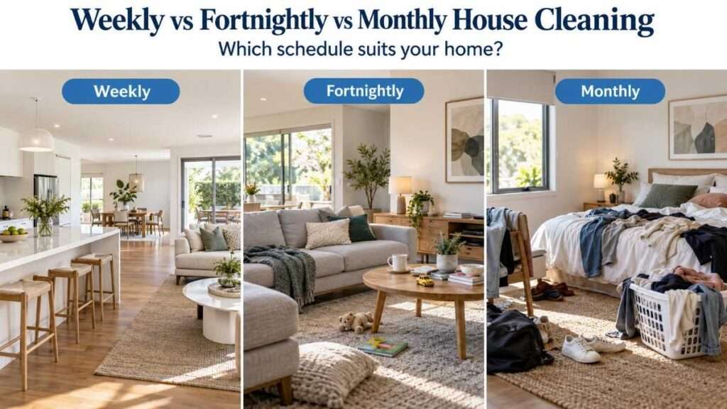 Weekly fortnightly and monthly house cleaning schedule comparison.