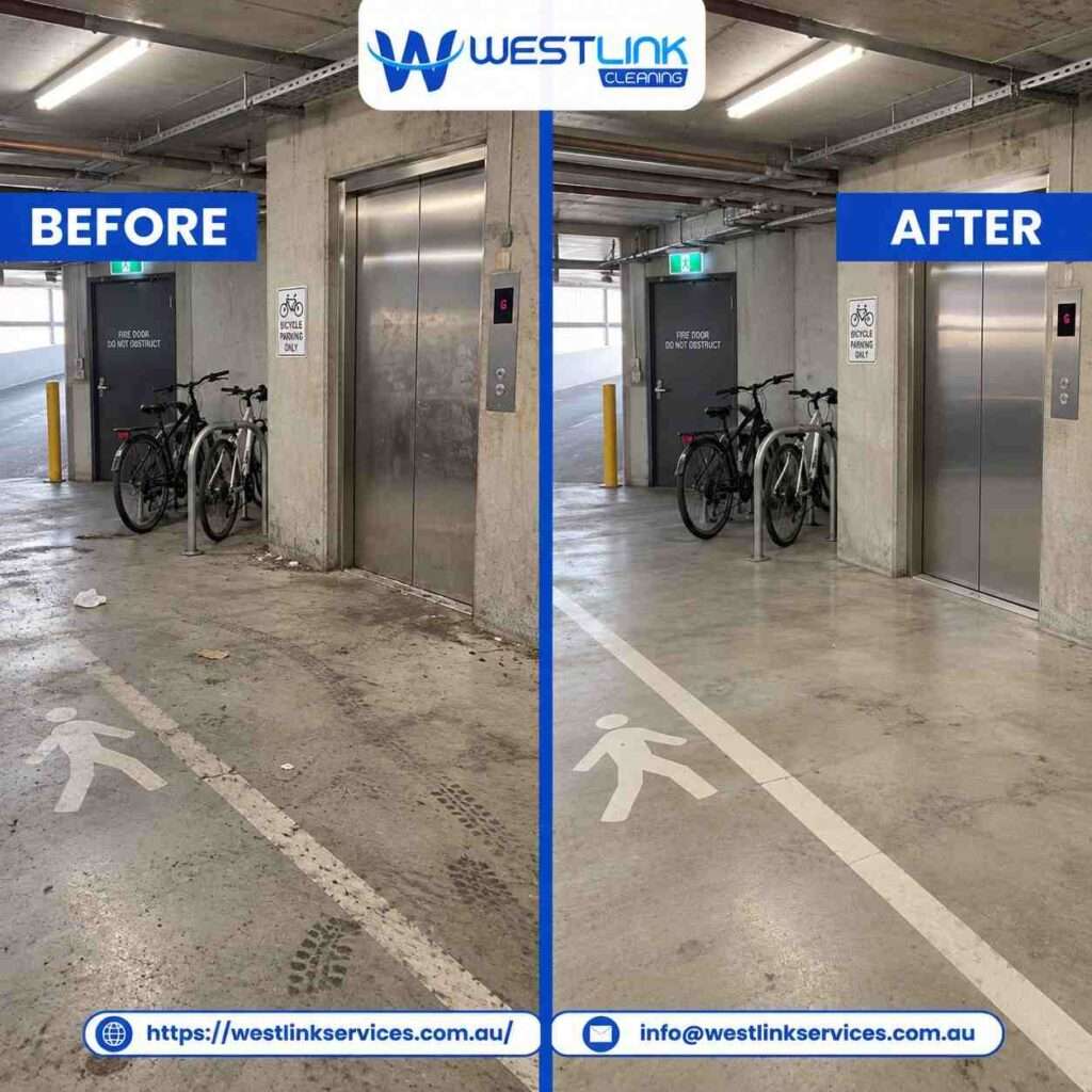 Before and after basement lift lobby cleaning in Newtown showing dirt and debris removed from the concrete floor and elevator area.