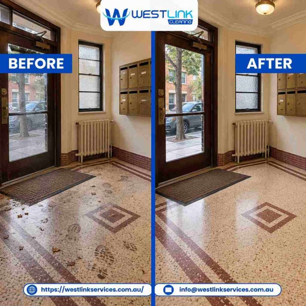 Before and after strata foyer cleaning in Newtown showing a dirty entrance floor transformed into a clean polished common area.