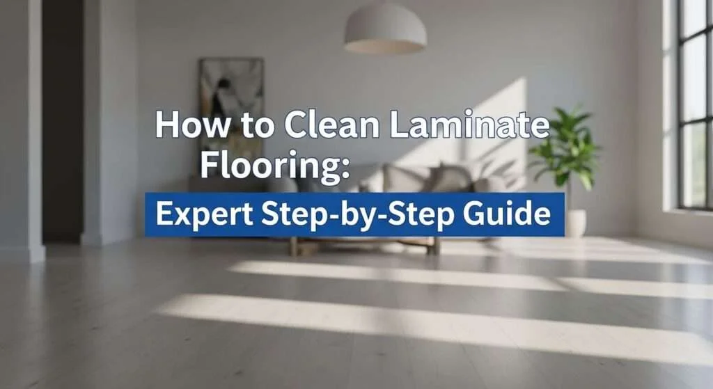 Clean modern living room with shiny laminate flooring and blog title overlay.