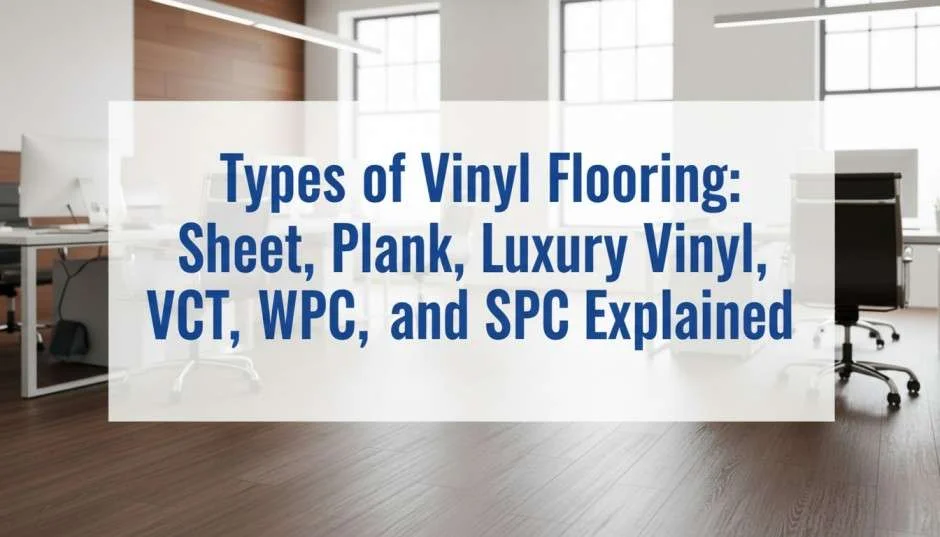 Add a descriptive sentence about the image (e.g., Infographic comparing different types of vinyl flooring, including sheet, plank, luxury vinyl, VCT, WPC, and SPC.)