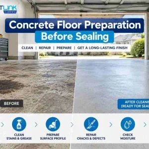 Before-and-after illustration of a stained garage concrete floor and a cleaned surface prepared for sealing.