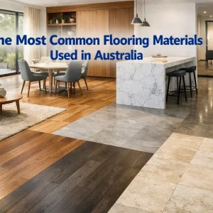 Hyper-realistic blog image showing the most common flooring materials used in Australia, including timber, vinyl, carpet, tile