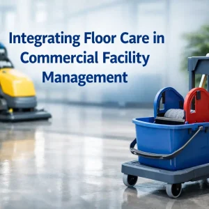 Facility manager inspecting well-maintained commercial floors in a modern office building lobby