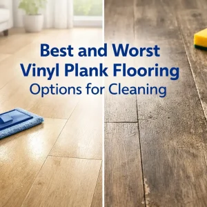 Best and worst vinyl plank flooring comparison showing clean rigid-core floor and worn plank seams