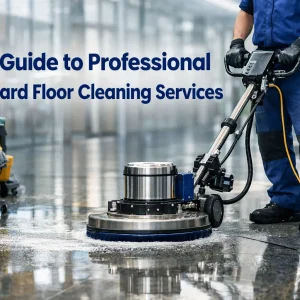 Hyper-realistic blog thumbnail showing a modern commercial interior with professionally cleaned hard flooring and subtle cleaning equipment.