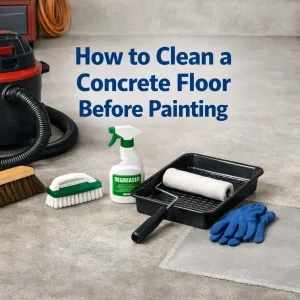 Professional blog thumbnail showing concrete floor cleaning tools and paint prep setup before painting.
