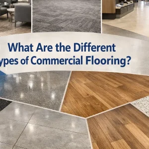 Different types of commercial flooring shown in a realistic business interior, including vinyl, carpet tile, epoxy, polished concrete, porcelain tile, timber, laminate, rubber, and terrazzo.