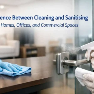 Professional cleaner performing cleaning and sanitising tasks in a modern home, office, and commercial environment.
