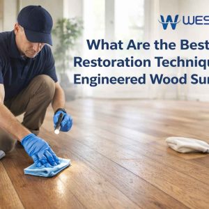 Professional using safe restoration techniques on an engineered wood floor in a modern interior