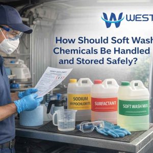 Technician in PPE reviewing an SDS and handling labeled soft wash chemicals at a safe preparation and storage area.
