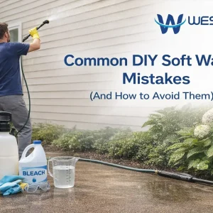 Homeowner making common DIY soft washing mistakes while cleaning house siding with a pump sprayer and bleach solution