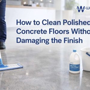 Professional cleaner using a microfiber flat mop on a polished concrete floor in a modern commercial interior