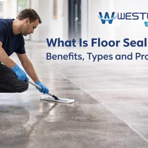 Professional technician applying floor sealer to a hard floor in a modern commercial interior