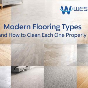 Modern flooring types including timber, vinyl, hybrid, tile, stone, concrete, carpet, bamboo, and cork in a professional cleaning guide thumbnail.