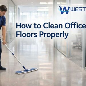 Professional cleaner mopping a modern office floor in a commercial workspace