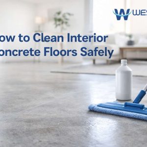 Professional cleaner using a damp microfiber mop on an interior concrete floor with a pH-neutral cleaner nearby in a bright indoor space.