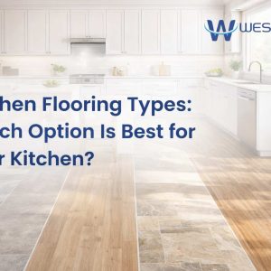Kitchen flooring types comparison in a modern kitchen showing practical floor options for cleaning, durability, and moisture resistance
