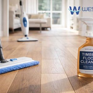 Modern home interior with timber flooring, microfiber mop, wood-floor cleaner, and a steam mop in the background.