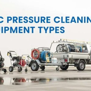 Row of different pressure cleaning machines in a clean yard for a beginner equipment guide