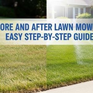 Split scene lawn showing overgrown grass on one side and freshly mowed, even grass on the other.