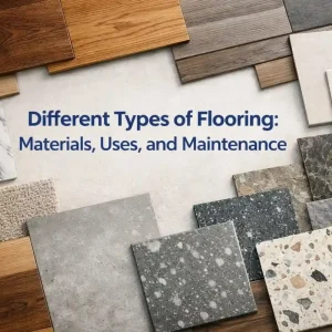 Hyper-realistic blog thumbnail showing multiple flooring materials for a guide on different types of flooring
