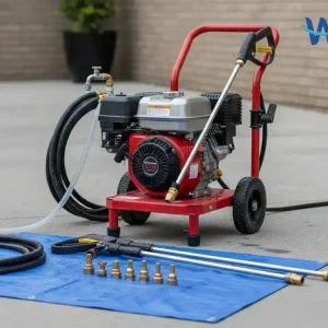 Pressure washer nozzles and lances arranged beside a machine in a realistic outdoor cleaning setup