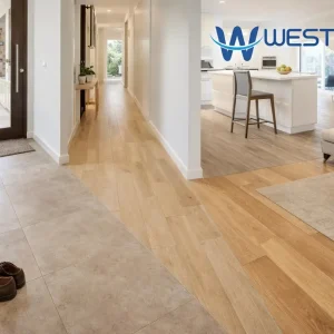 Modern interior showing different flooring options for high-traffic areas in a realistic home and commercial-style setting.