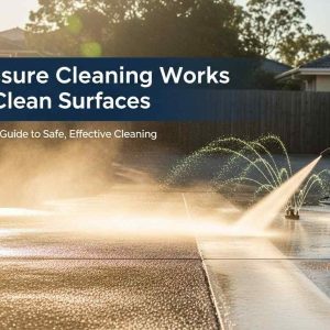 Epic hero banner illustrating pressure cleaning in action: a pro transforming a dirty driveway to spotless shine with high-pressure spray, golden sunlight, and subtle guide icons for PSI, nozzles, safety, and pro help.