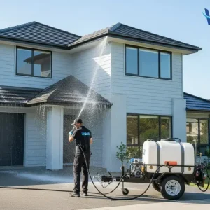 Professional technician soft washing a house roof and painted exterior with low pressure