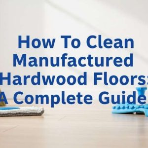 Professional cleaning setup on engineered hardwood floor with mop and broom