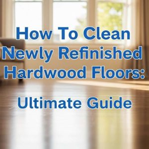 Modern living room with glossy newly refinished hardwood floors and cleaning tools