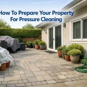 Home exterior prepared for pressure cleaning with cleared access, moved outdoor items, and protected plants