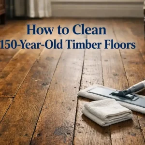 Hyper-realistic historic timber floor with gentle cleaning tools for a blog about cleaning 150-year-old timber floors