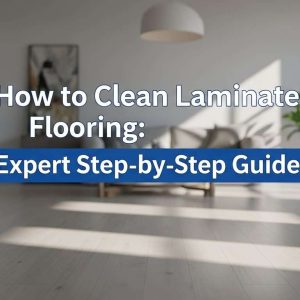 Clean modern living room with shiny laminate flooring and blog title overlay.