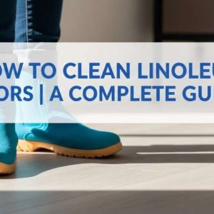 Clean linoleum floor with cleaning tools arranged neatly for a complete cleaning guide.