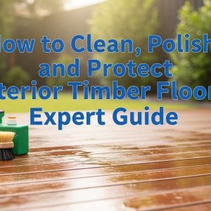 Professional blog thumbnail showing a polished exterior timber deck with cleaning tools, titled 'How to Clean, Polish, and Protect Exterior Timber Flooring: Expert Guide'