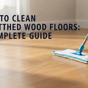 Clean hardwood floor with a small scratch and a microfiber mop beside pH-neutral cleaner.
