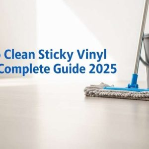 Clean vinyl floor with mop and bucket for sticky vinyl cleaning guide.